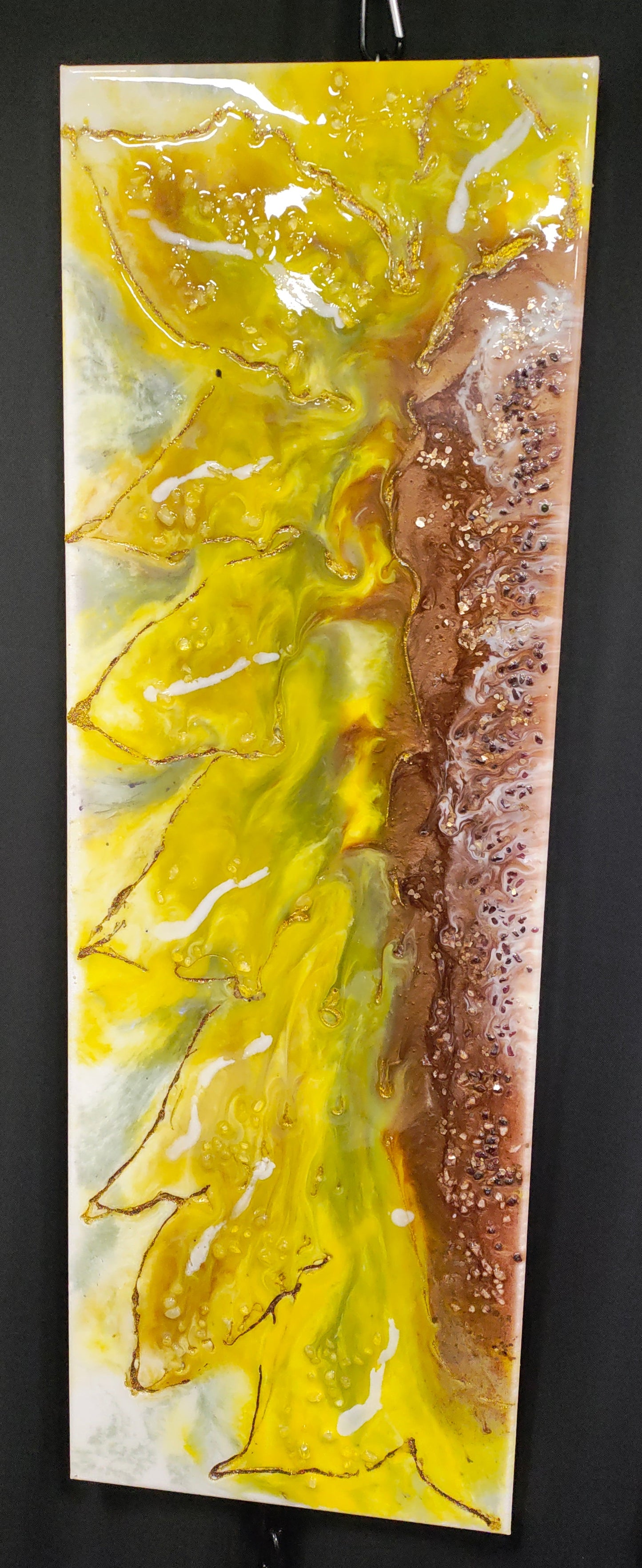 "Radiant Sunflower" Original Energy Art: Sunstone , Garnet and ground Crystal Sunflower on 10 x30 canvas