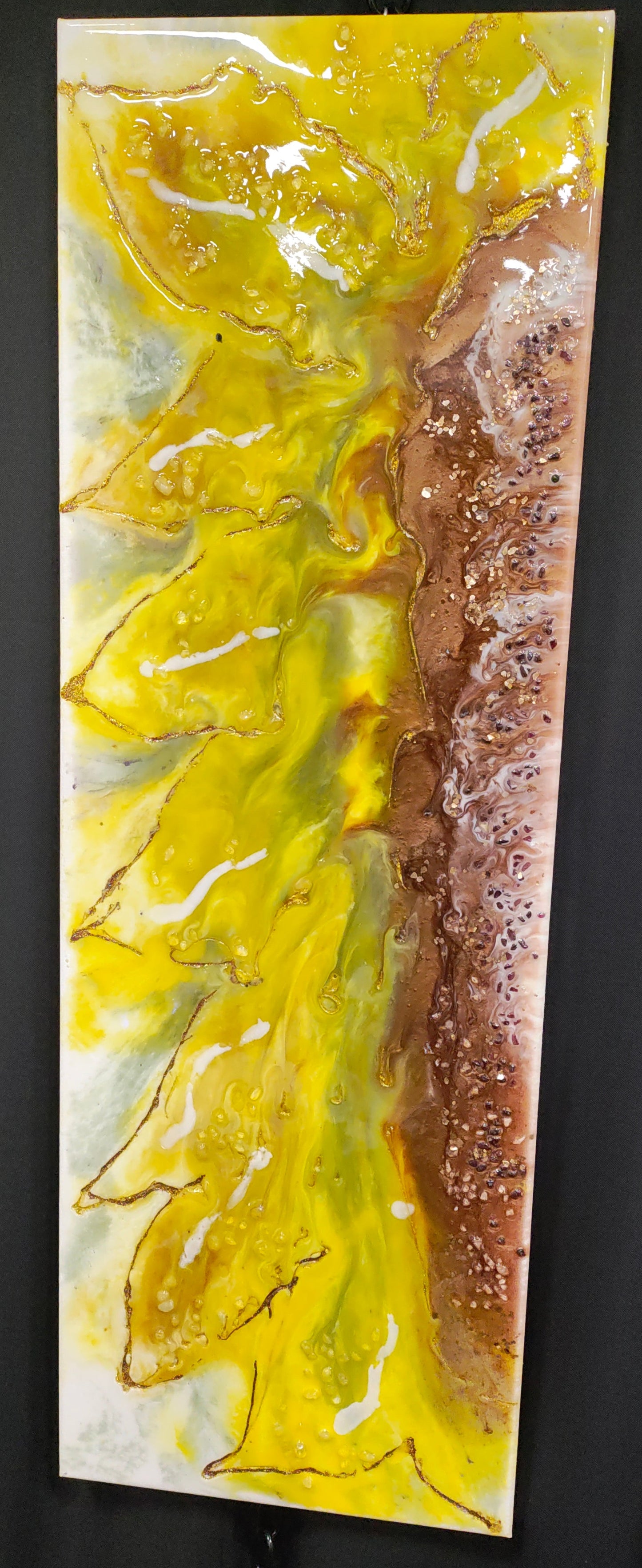 "Radiant Sunflower" Original Energy Art: Sunstone , Garnet and ground Crystal Sunflower on 10 x30 canvas