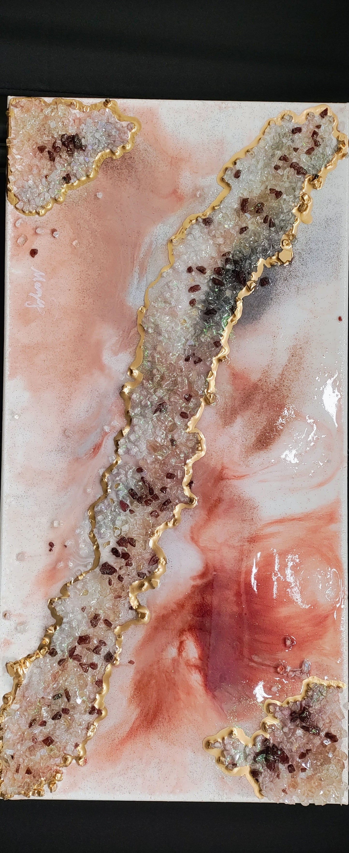 "Solar Essence" Crystal & Garnet Energy Art with Sunstone Epoxy mix on 12x24 Canvas