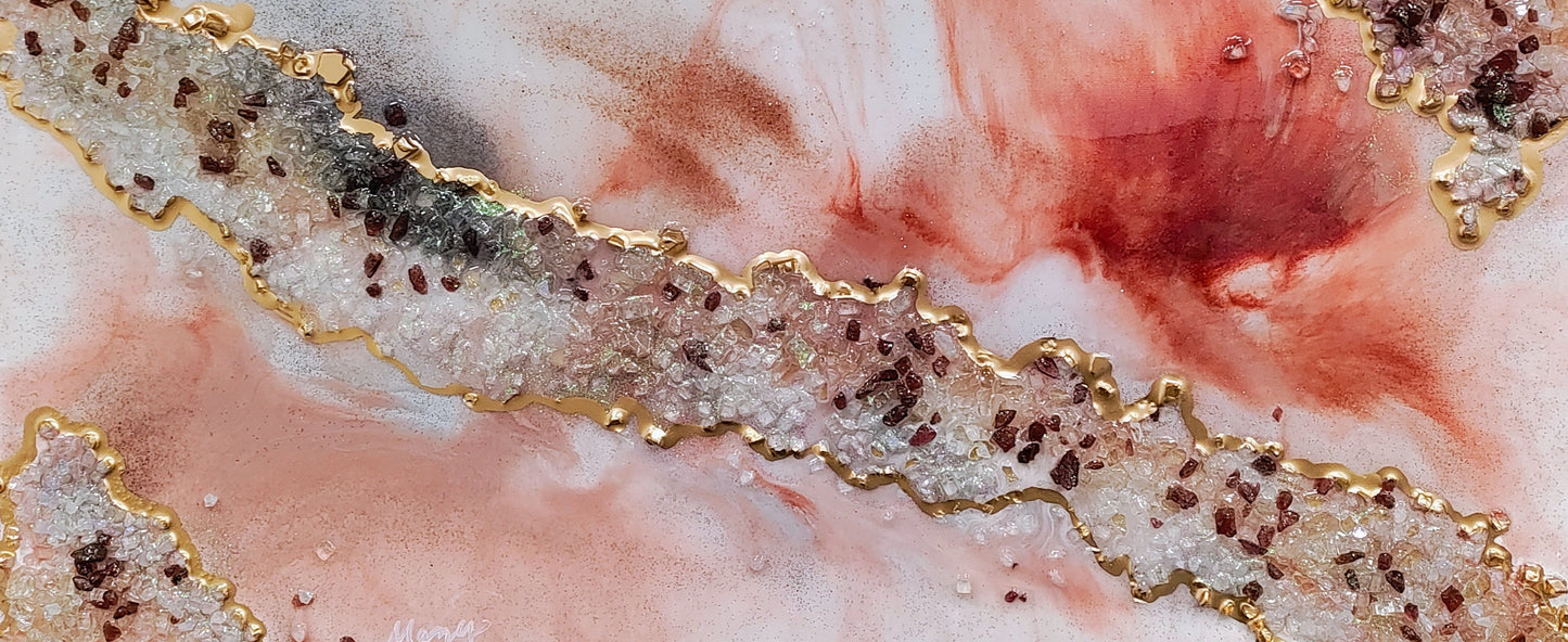 "Solar Essence" Crystal & Garnet Energy Art with Sunstone Epoxy mix on 12x24 Canvas