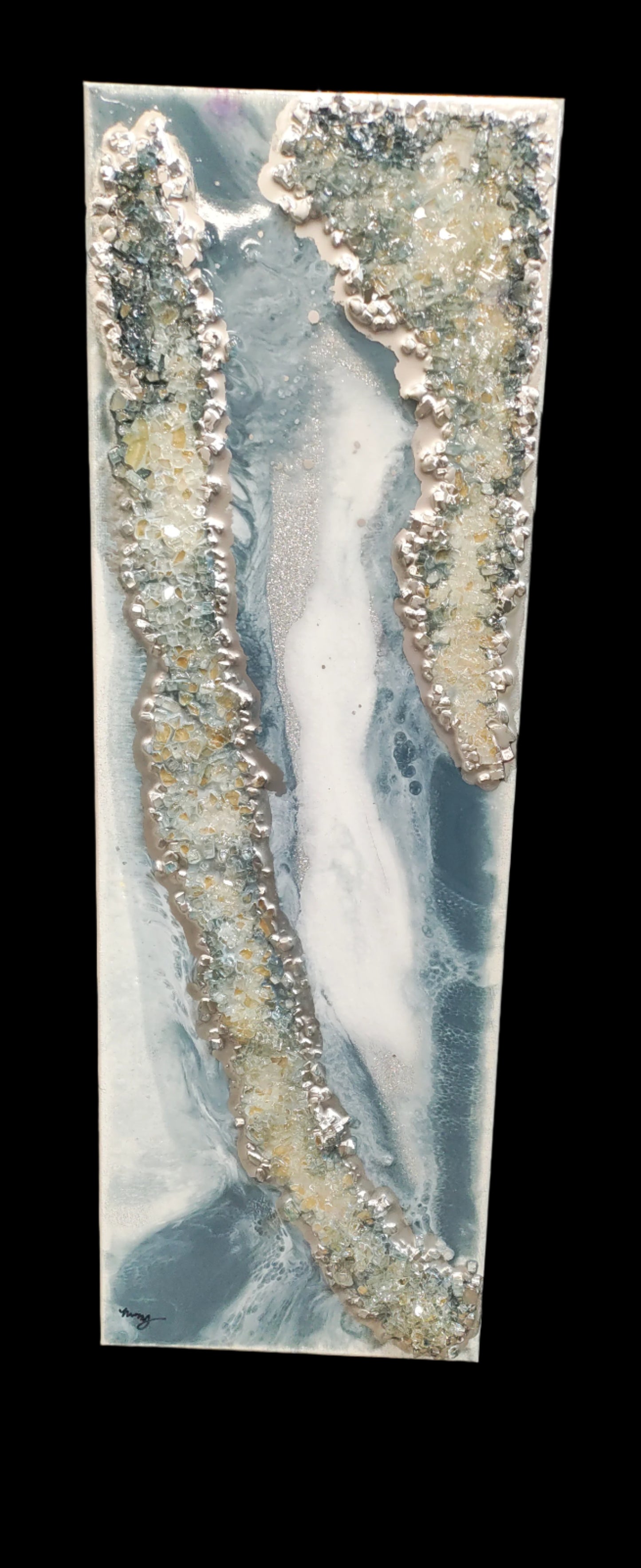 "Celestial Essence" Original Healing Energy art piece by Mazy Aquamarine & labradorite Quartz Crystal 10x30 Canvas