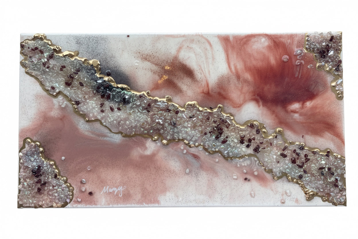 "Solar Essence" Crystal & Garnet Energy Art with Sunstone Epoxy mix on 12x24 Canvas